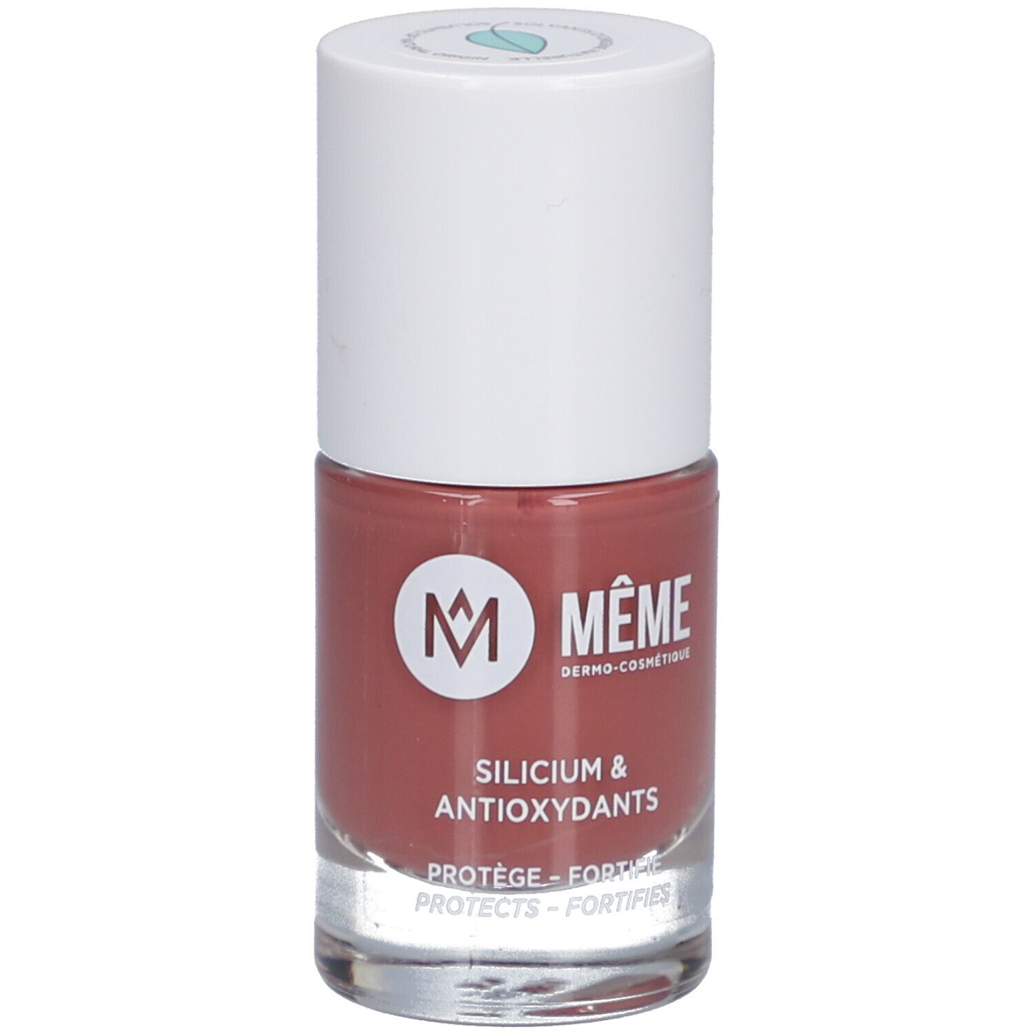 Nagellackflasche mit rosafarbenem Inhalt. Weißer Deckel mit grünem Logo. Aufschrift: MEME, Silicium & Antioxidantien.