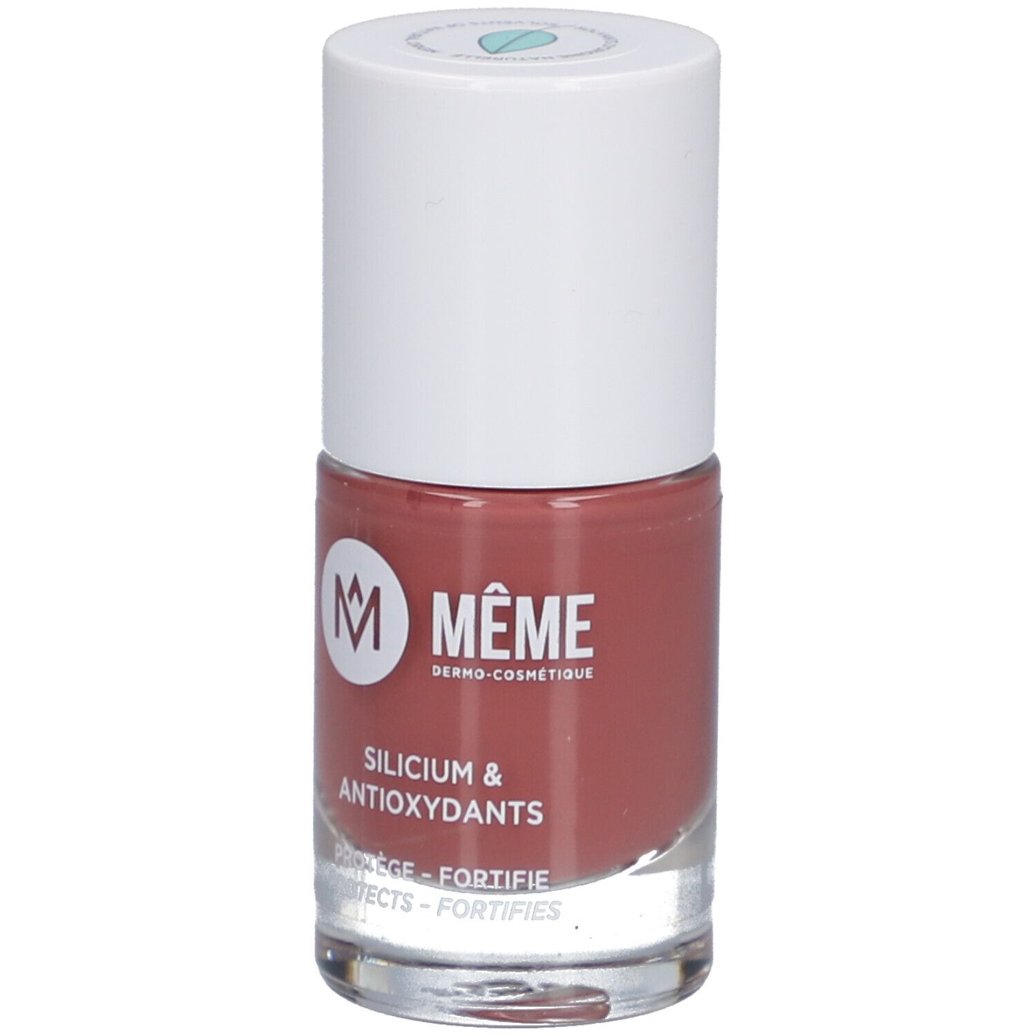 Nagellackflasche mit rosafarbenem Inhalt. Weißer Deckel mit grünem Logo. Aufschrift: MEME, Silicium & Antioxidantien.