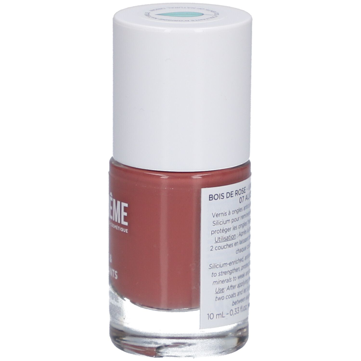 Nagellackflasche, rosafarbener Inhalt. Weißer Deckel. Text auf der Rückseite: Bois de Rose 07 Alice. Marke MEME.