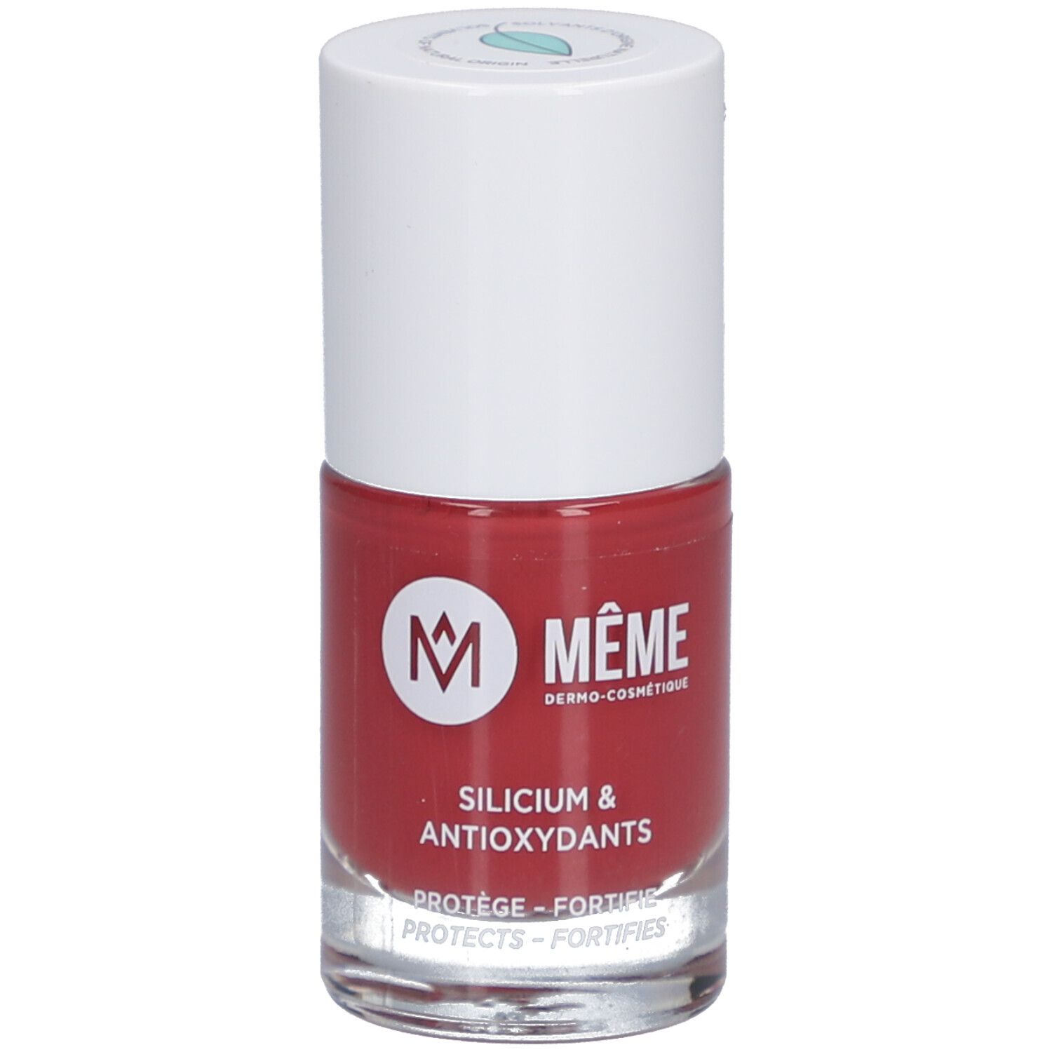 Nagellackflasche, rot. Marke: MÊME. Aufschrift: Silicium & Antioxydants. Schützt, stärkt.