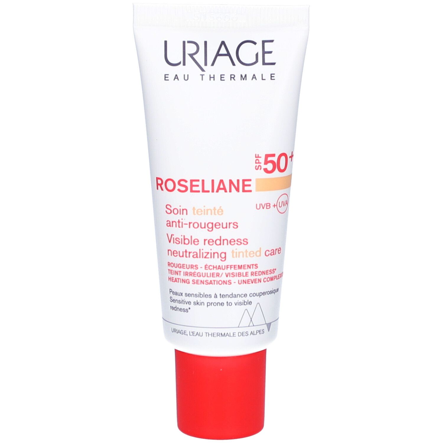 Weiße Tube mit rotem Verschluss. Aufschrift: Uriage, Roséliane, SPF 50+. Text: Visible redness neutralizing tinted care.