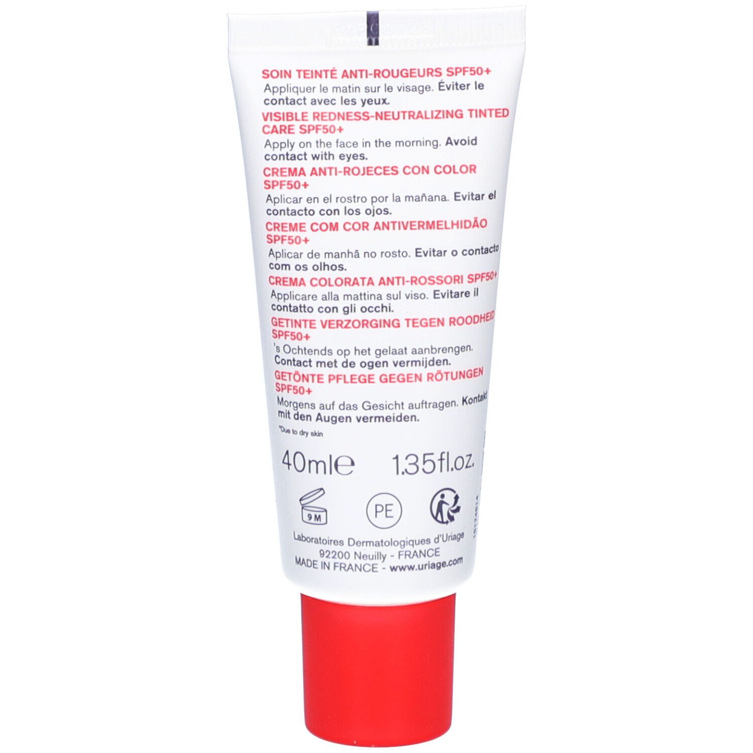 Rückseite der Tube. Text in mehreren Sprachen. Roter Verschluss. Aufschrift: 40ml, 1.35 fl.oz.