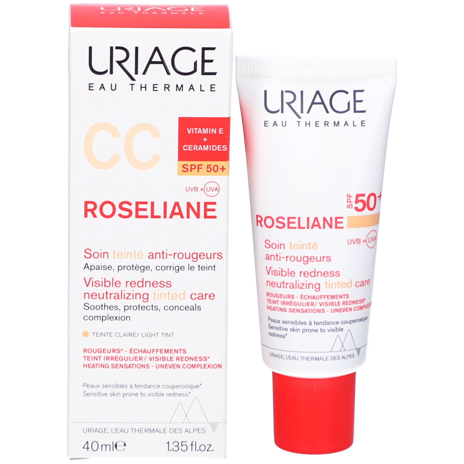 Produktverpackung mit Tube. Aufschrift: Uriage, Roséliane, CC, SPF 50+. Text: Visible redness neutralizing tinted care.