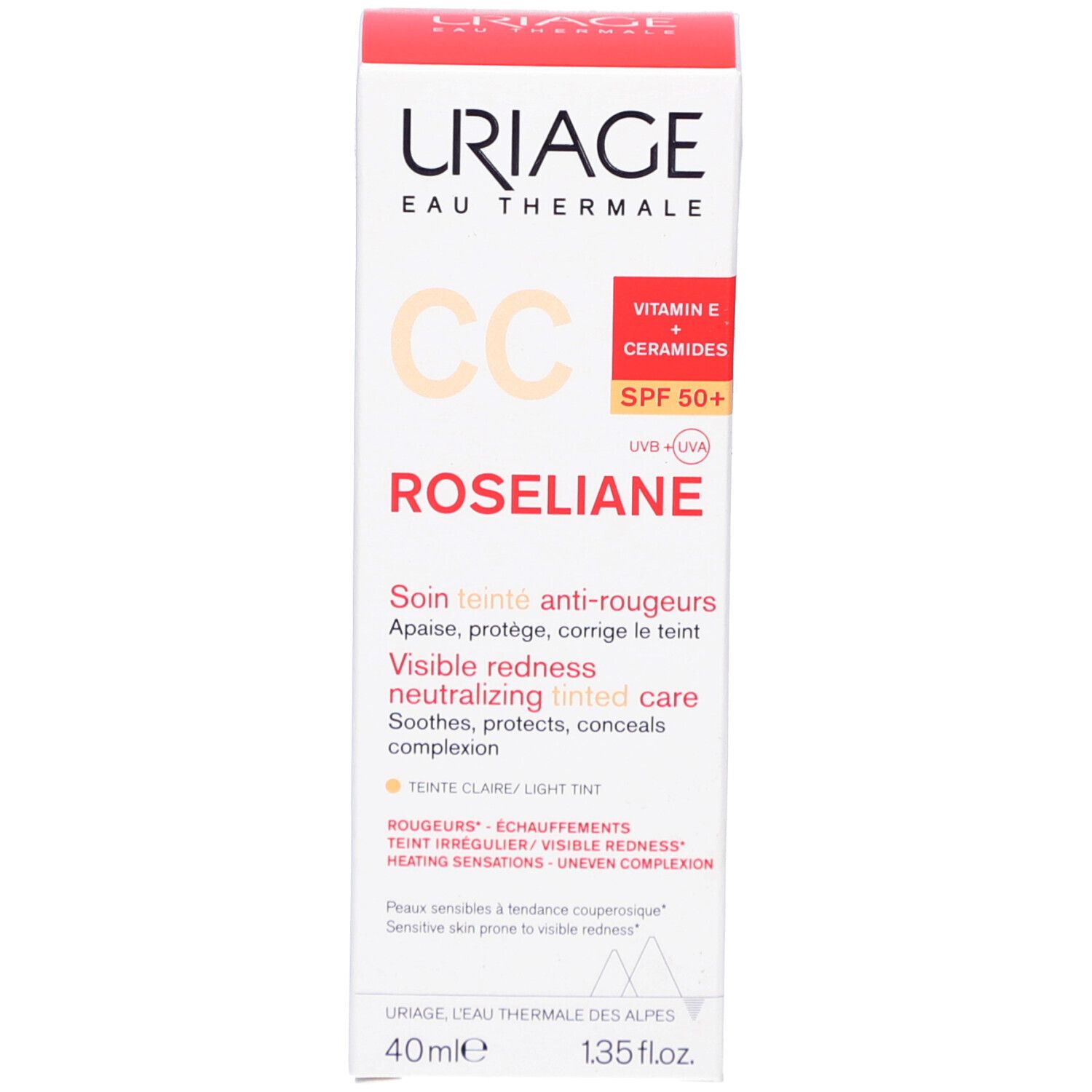 Produktverpackung. Aufschrift: Uriage, CC, SPF 50+, Roséliane. Text: Visible redness neutralizing tinted care.