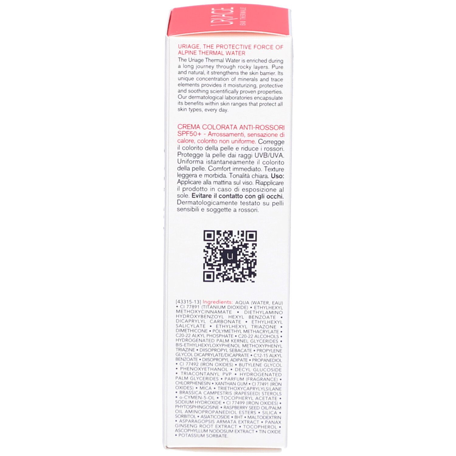 Seite der Verpackung. Text in mehreren Sprachen. QR-Code. Aufschrift: Creme colorata anti-rossori SPF50+.