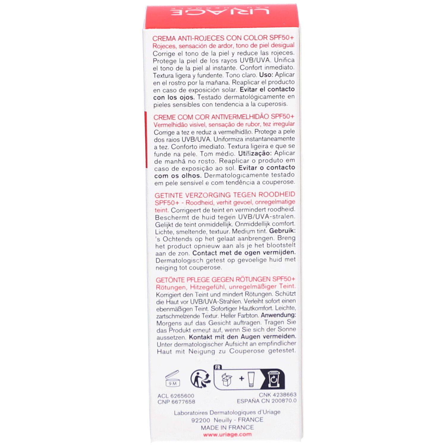Seite der Verpackung. Text in mehreren Sprachen. Aufschrift: Creme con cor antivermelhidão SPF50+.
