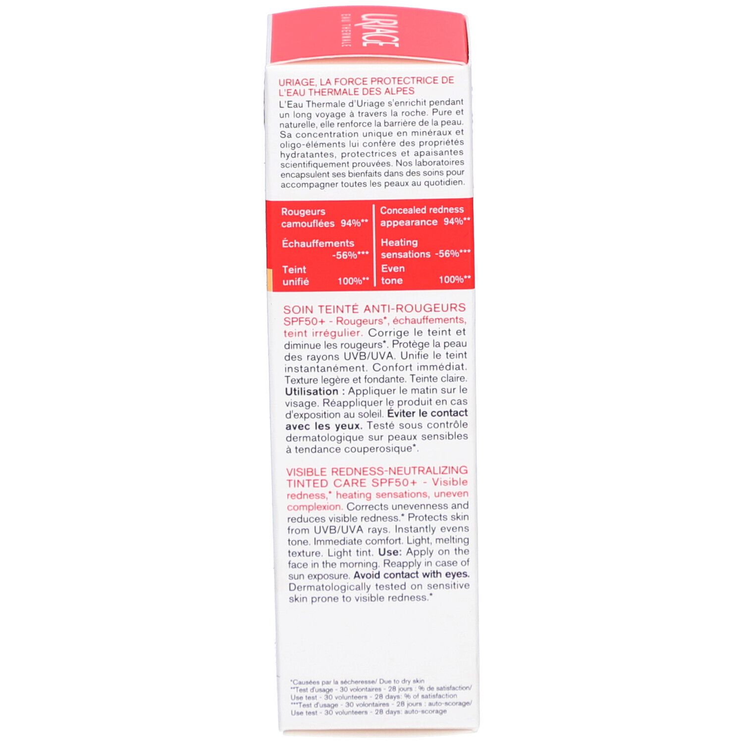 Seite der Verpackung. Text in mehreren Sprachen. Aufschrift: Soin teinté anti-rougeurs SPF50+.