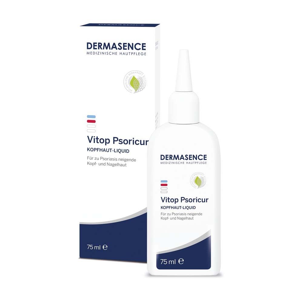 Weiße Flasche mit spitzem Applikator und Karton. Aufschrift: DERMASENCE Vitop Psoricur Kopfhaut-Liquid. 75 ml.