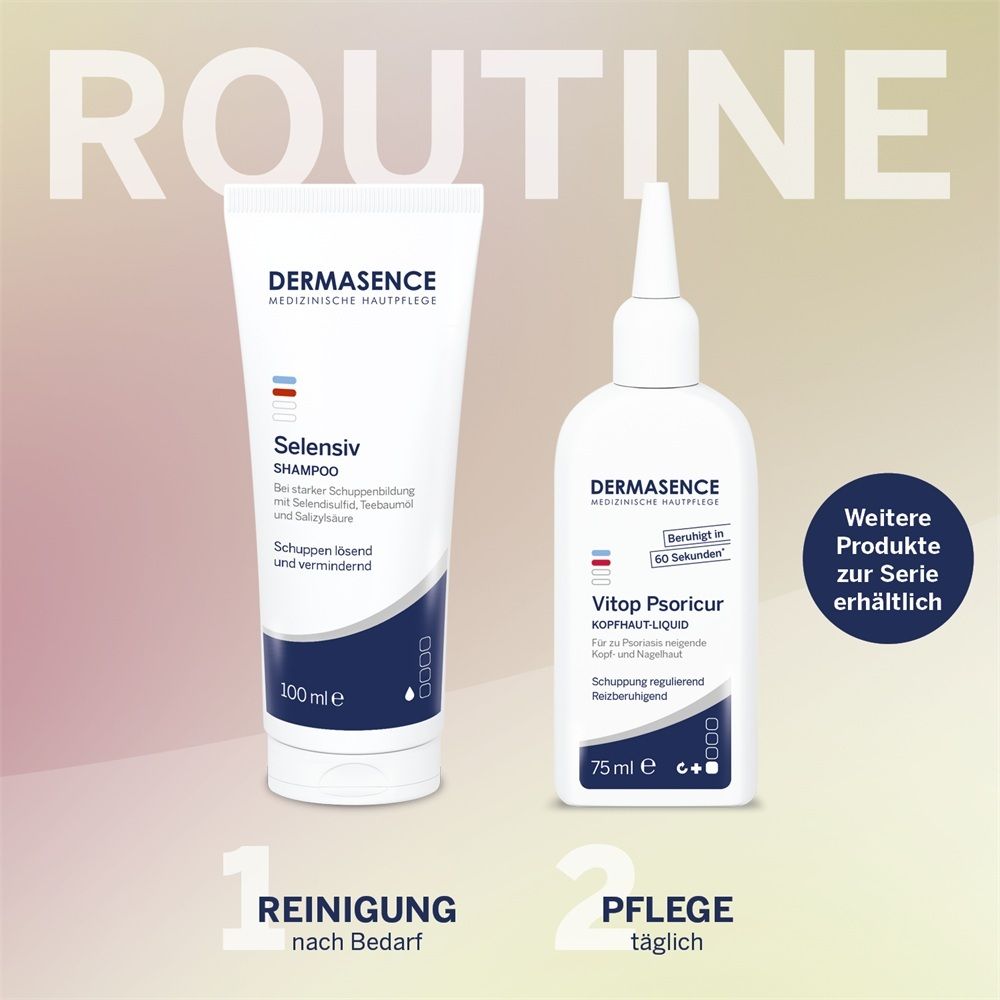 Zwei Dermasence Hautpflegeprodukte: Selensiv Shampoo (200ml) und Vitop Psoricur (75ml).