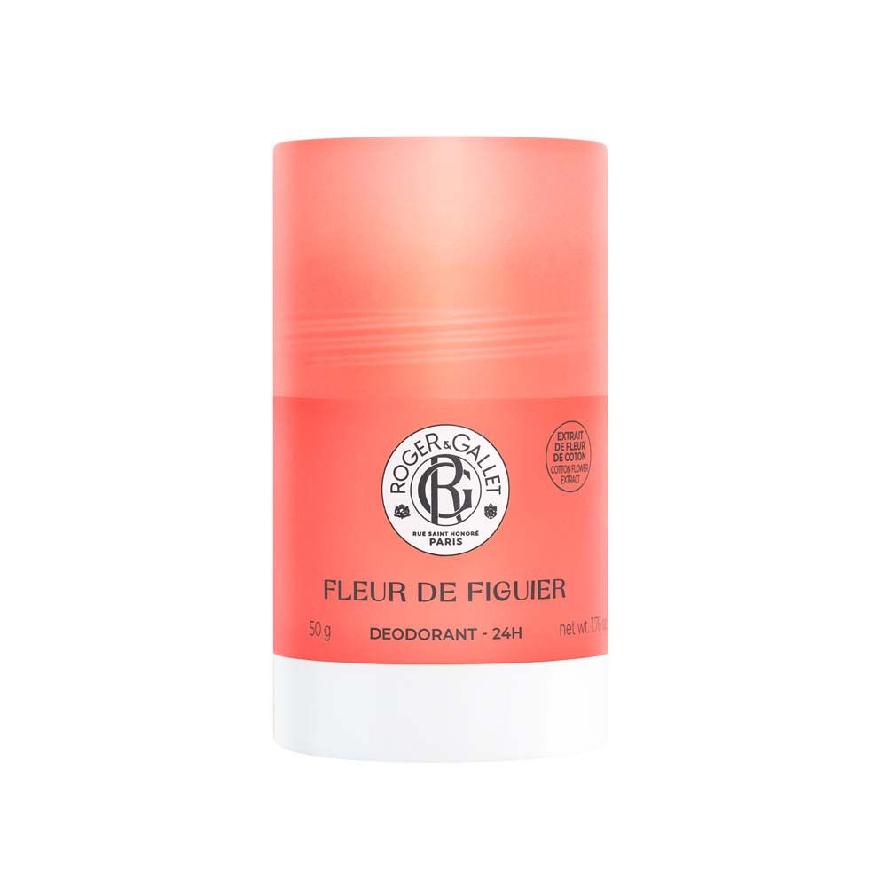 Zylindrischer Deodorant-Stick, rosa-orangefarben, mit weißem Boden. Aufschrift: ROGER & GALLET, Fleur de Figuier, Deodorant - 24H.