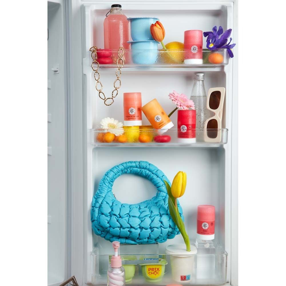 Kühlschrank mit verschiedenen Produkten: Deodorant-Sticks, Blumen, Getränke, Schmuck, Sonnenbrille und eine Handtasche.