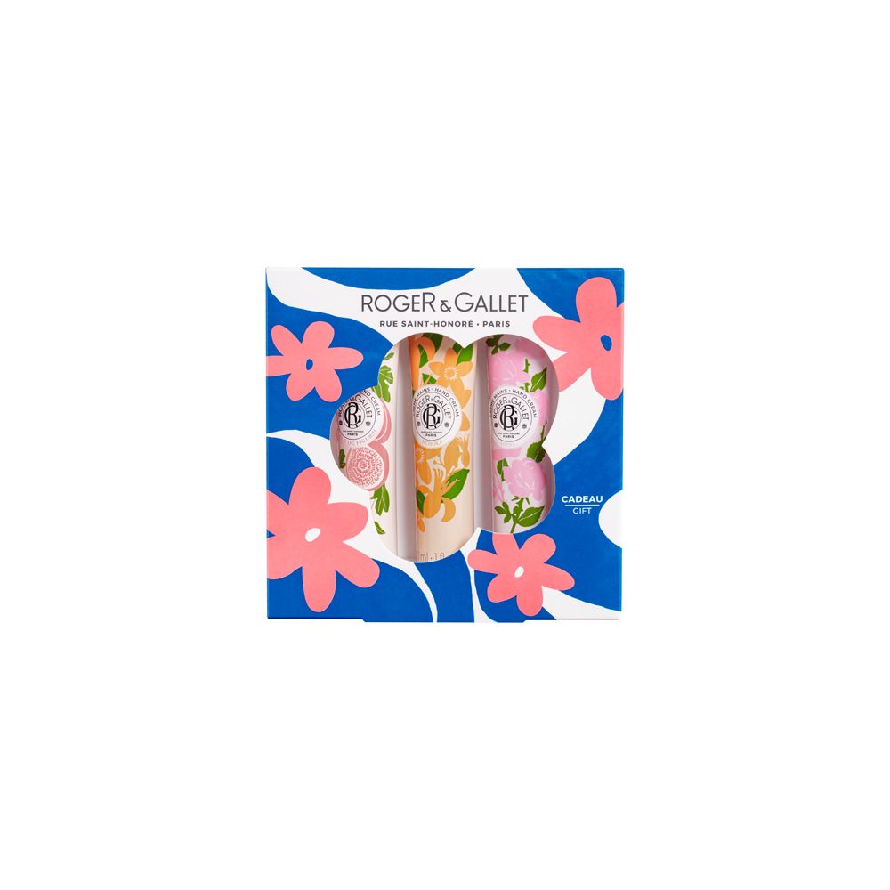 Geschenkset mit drei Handcremes. Verpackung mit Blumenmuster und Produktnamen.