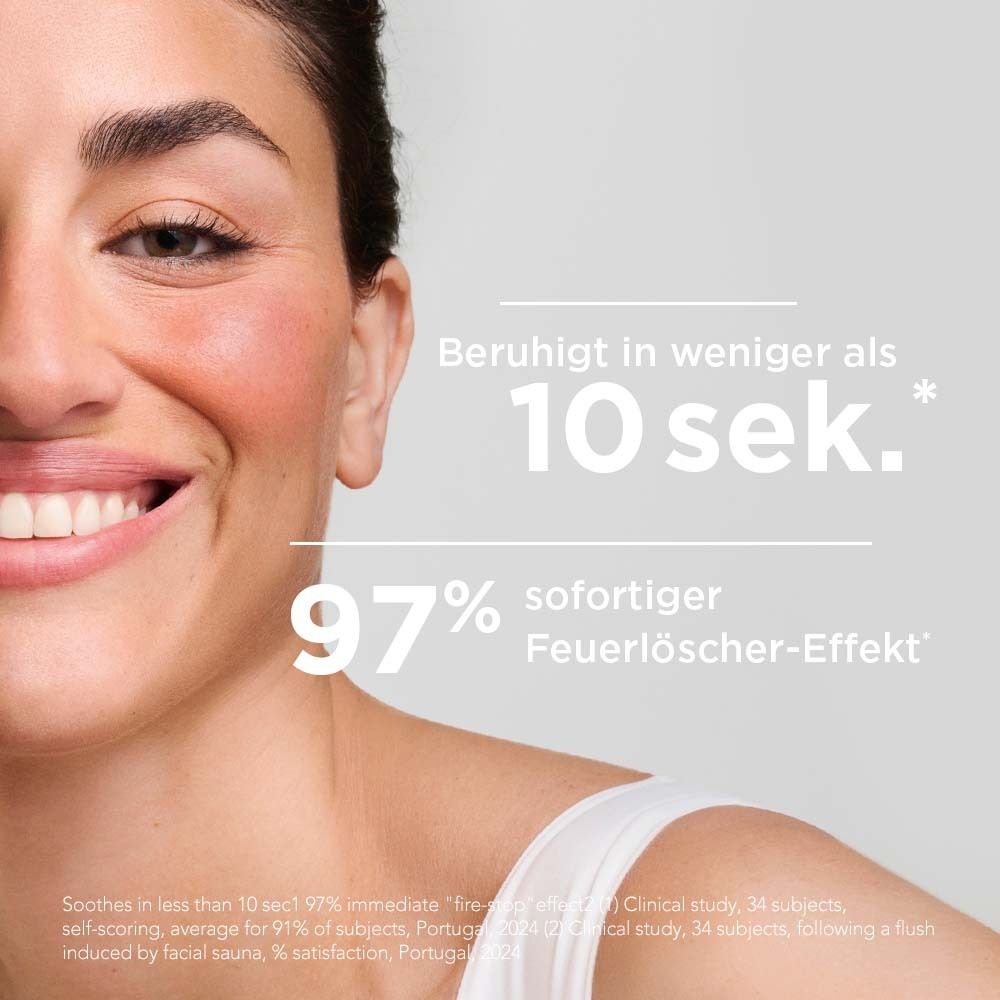 Frau mit geröteter Haut. Text: Beruhigt in weniger als 10 Sek. 97% sofortiger Feuerlöscher-Effekt.