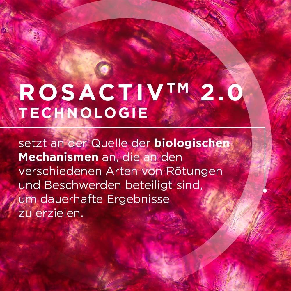 Mikroskopische Ansicht. Text: Rosactiv 2.0 Technologie. Wirkt an der Quelle der Rötungen.