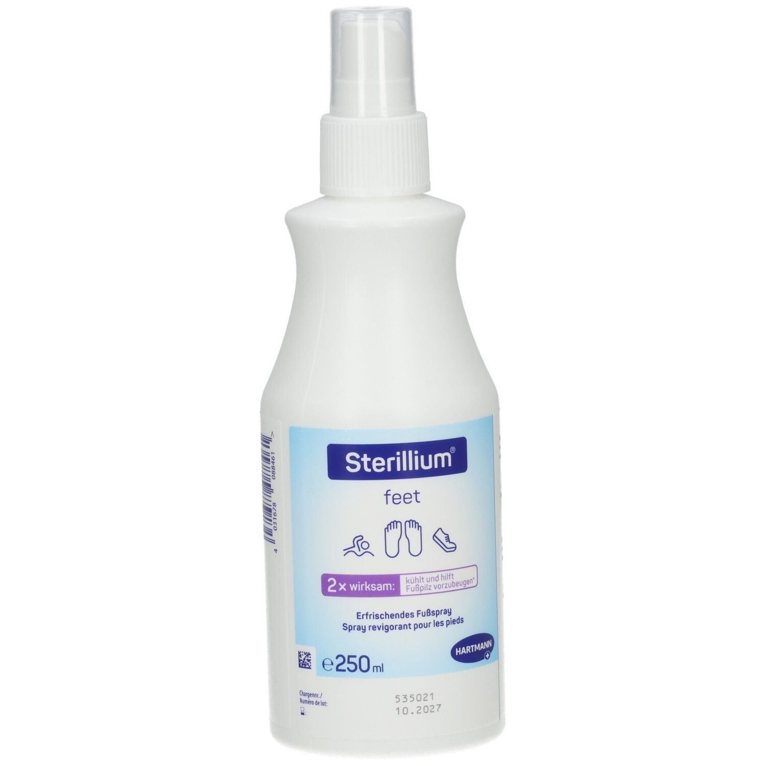 Weiße Sprühflasche mit 250ml Sterillium feet Fußspray. Für erfrischte Füße.