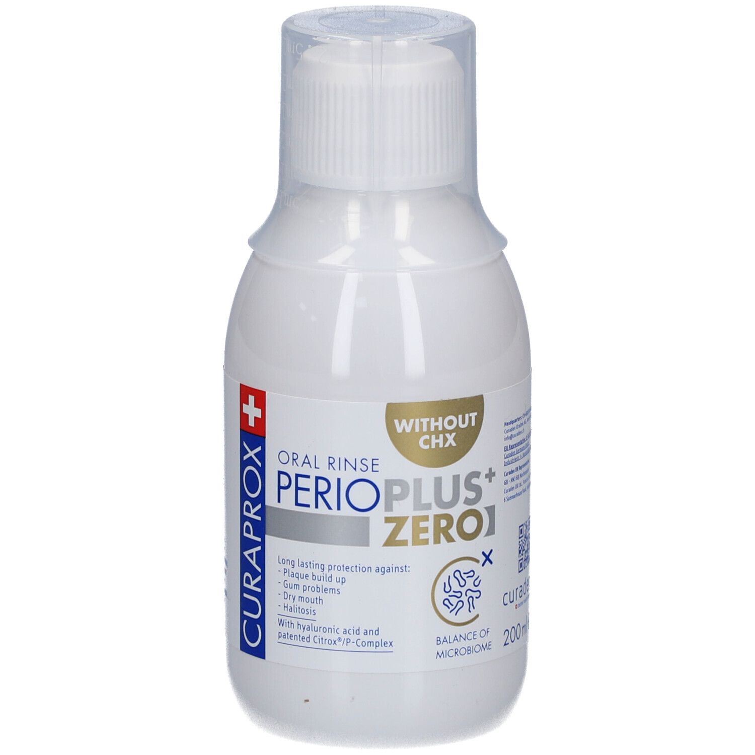 Weiße Flasche mit Mundspülung. Aufschrift: PERIO PLUS+ ZERO1, ohne CHX. Marke: CURAPROX.