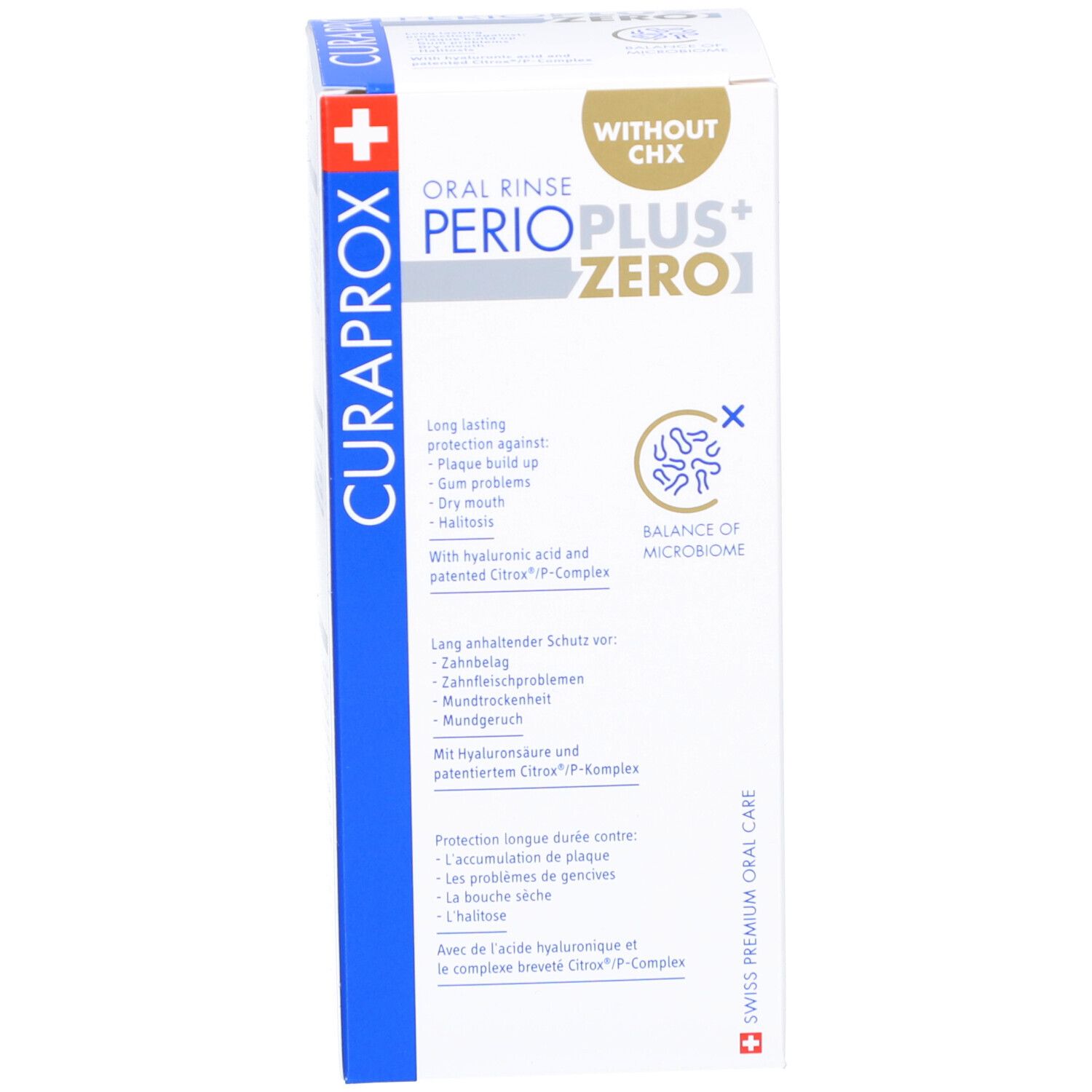 Produktverpackung. Aufschrift: PERIO PLUS+ ZERO1, ohne CHX. Marke: CURAPROX.