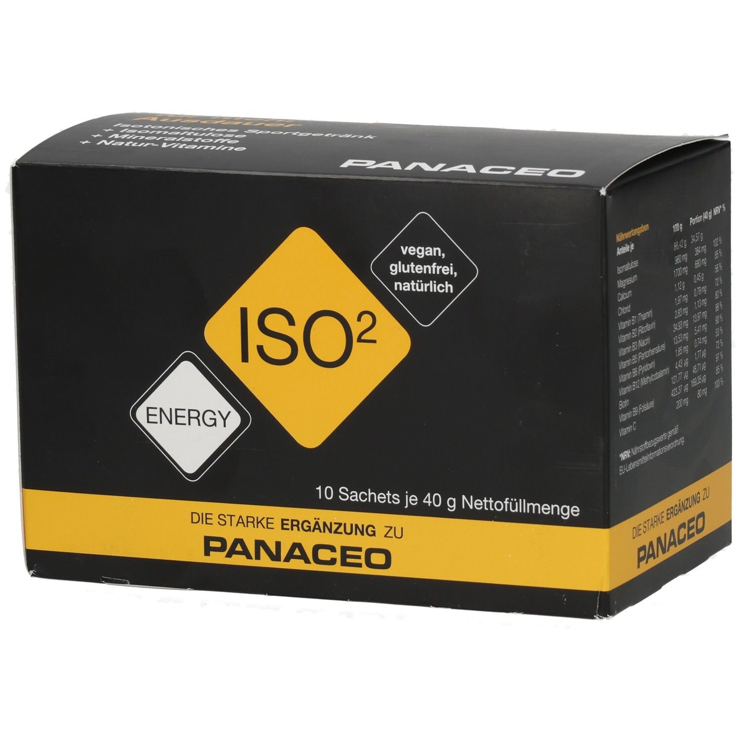 Panaceo ISO² Energy Box mit 10 Sachets, vegan und glutenfrei.