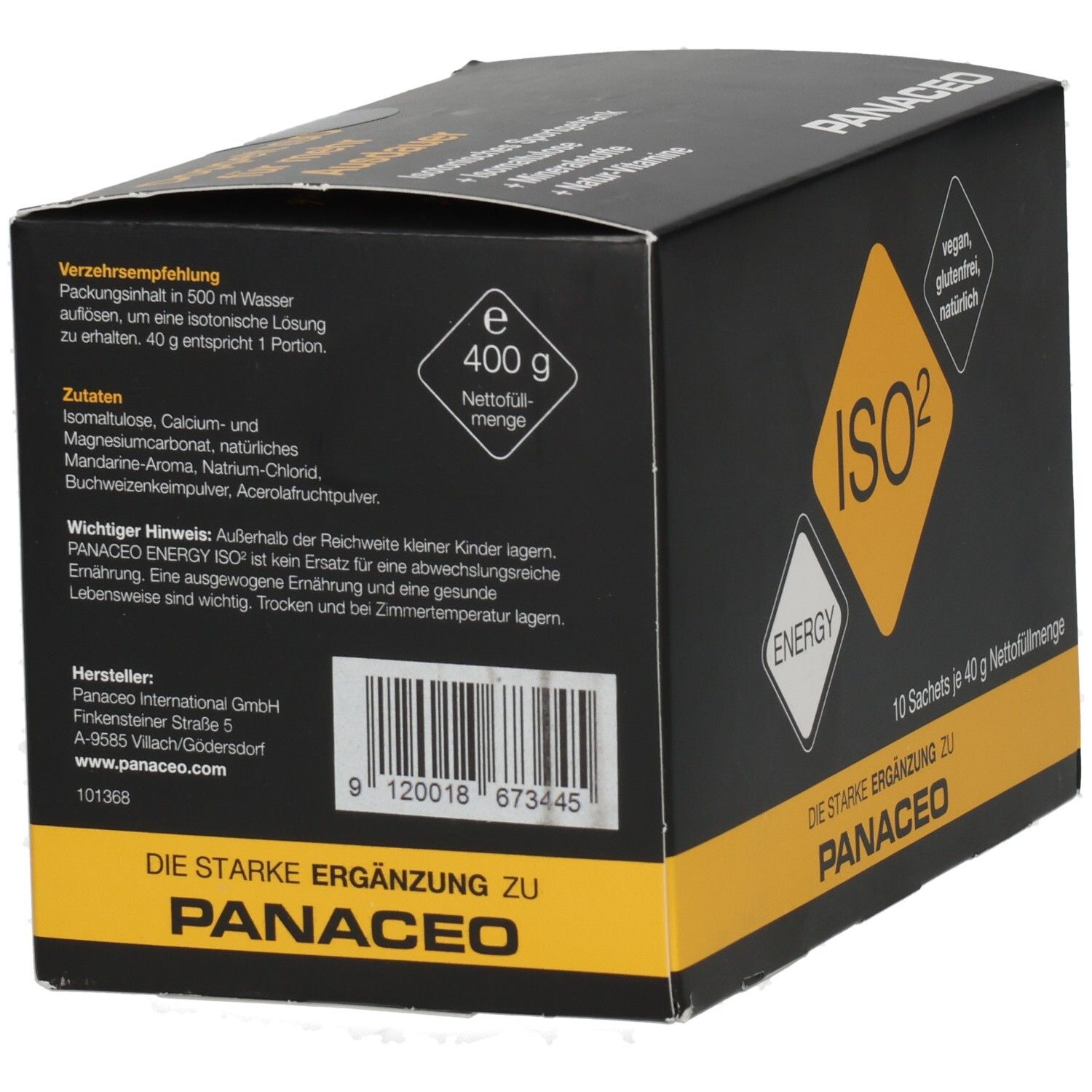 Panaceo ISO² Energy Drink Pulver in schwarzer Verpackung mit gelben Akzenten, 10 Beutel.