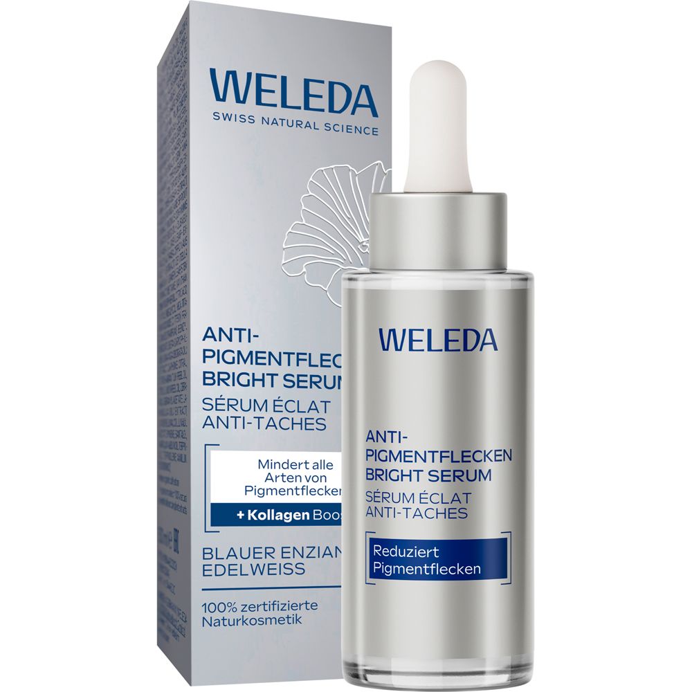 WELEDA Anti-Pigmentflecken Bright Serum. Flasche und Verpackung. Text: Anti-Pigmentflecken Bright Serum.