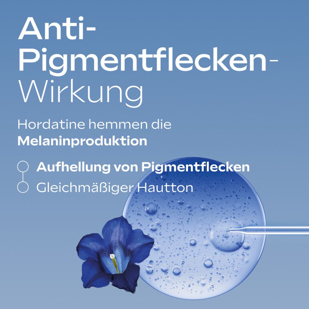 Abbildung mit Tropfer und Blüte. Text: Anti-Pigmentflecken-Wirkung. Aufhellung von Pigmentflecken.