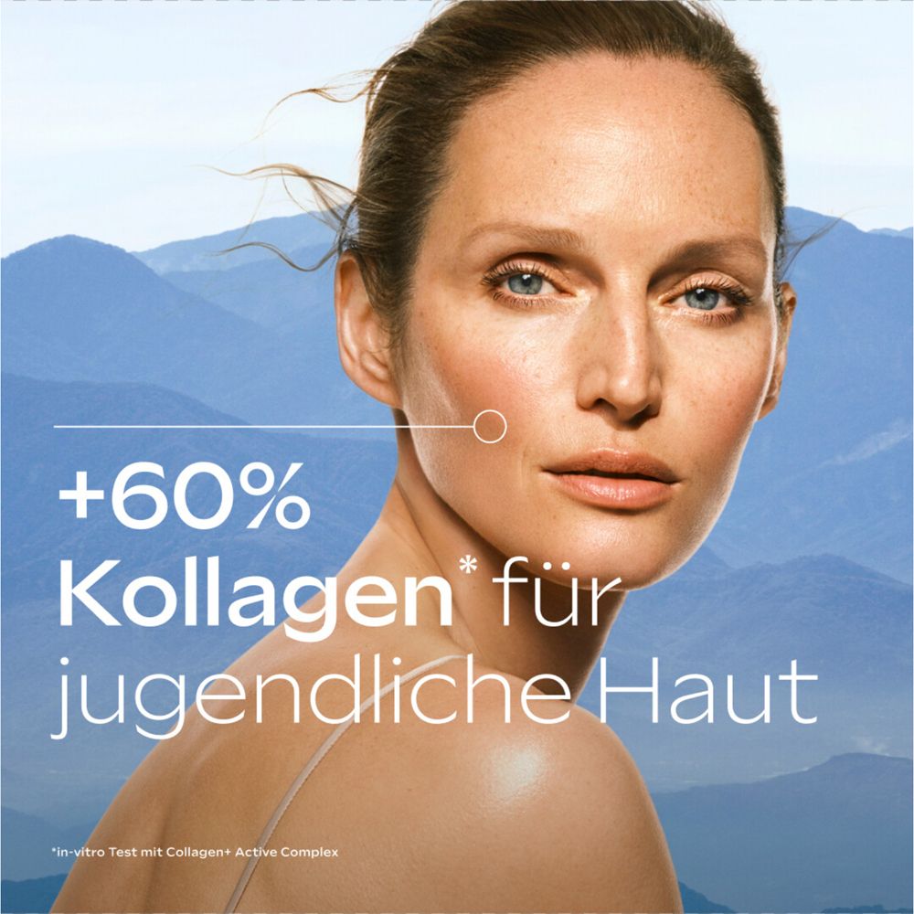 Gesicht einer Frau. Text: +60% Kollagen für jugendliche Haut.