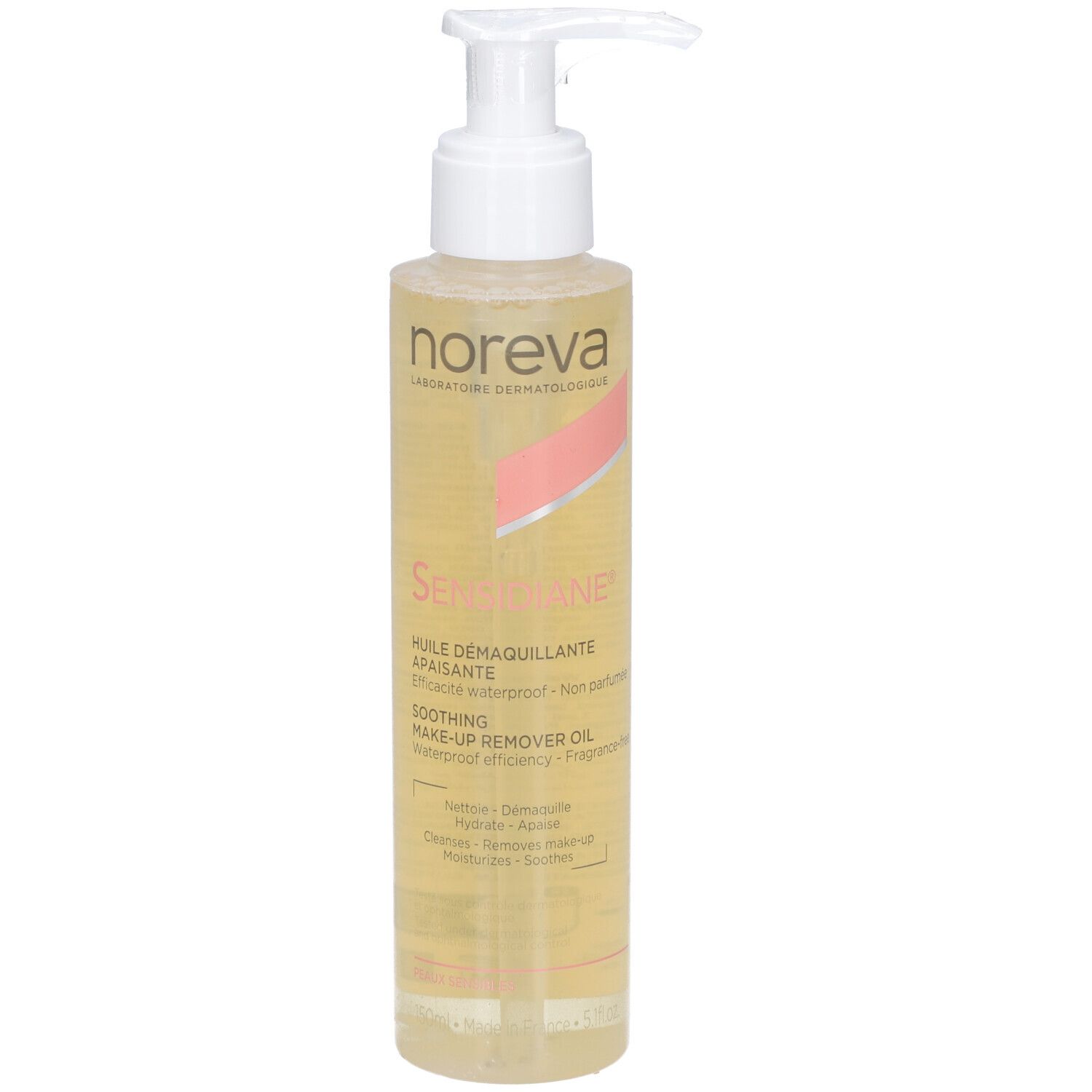 Flasche mit Reinigungsöl. Weißer Pumpkopf. Aufschrift: NOREVA, Sensidiane, Huile Démaquillante Apaisante.