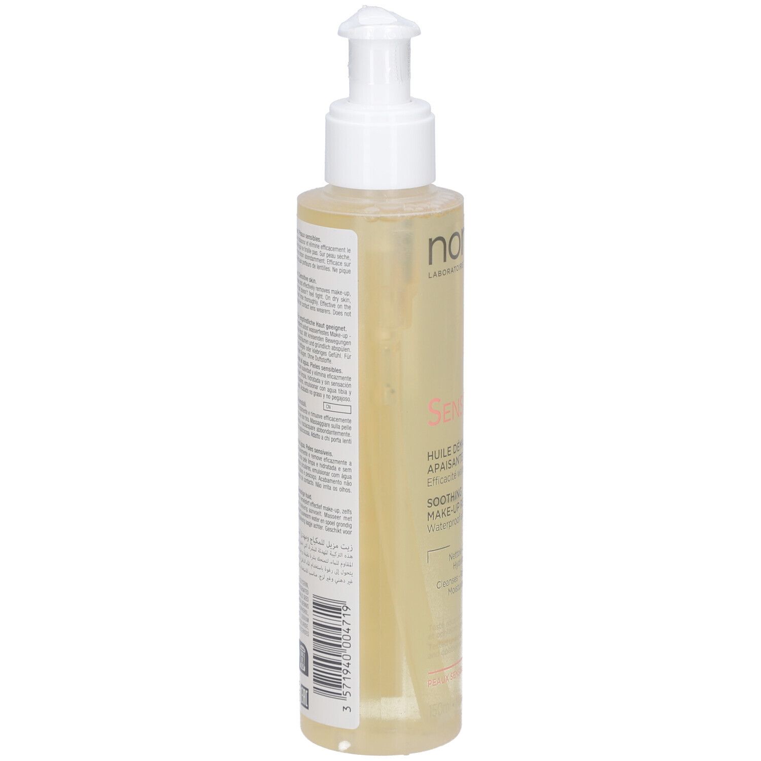 Rückseite der Flasche mit Text. Barcode und Informationen. Transparente Flüssigkeit. Weißer Pumpkopf.