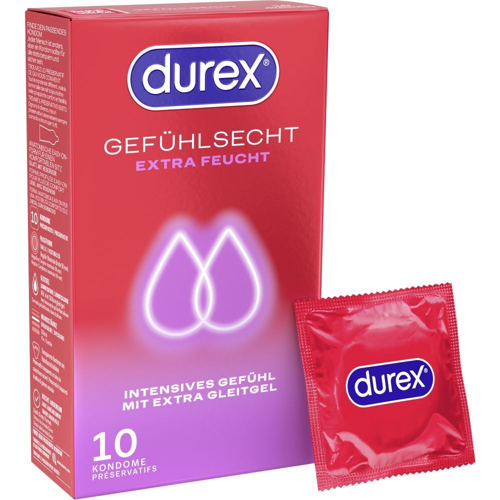 Packung und Einzelverpackung Kondome. Marke Durex, Produktname und Eigenschaften sind sichtbar.