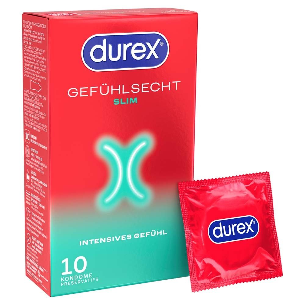 Rote Durex-Packung und einzelnes Kondom. Aufschrift: Gefühlsecht Slim, 10 Kondome. Blaues Logo.