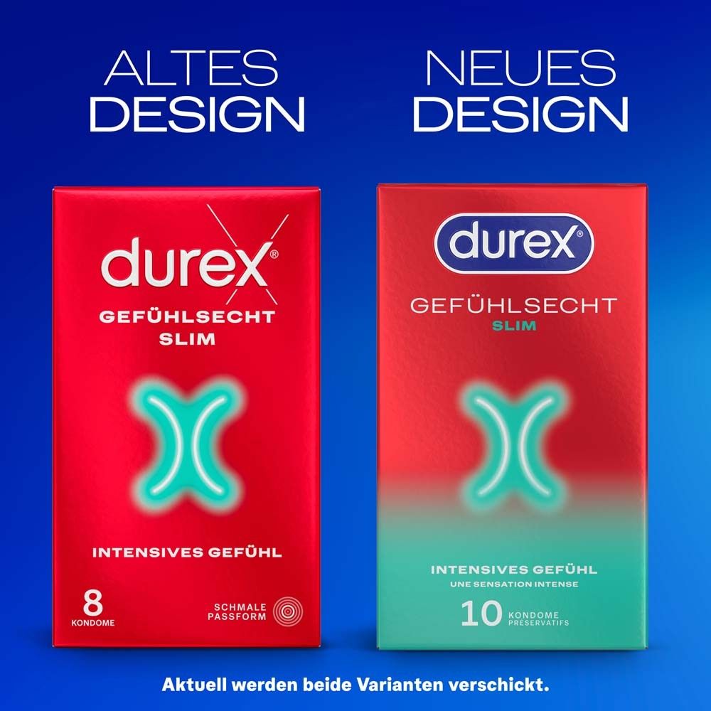 Vergleich: Altes und neues Design der Durex-Packung. Aufschrift: Gefühlsecht Slim. 8 und 10 Kondome.