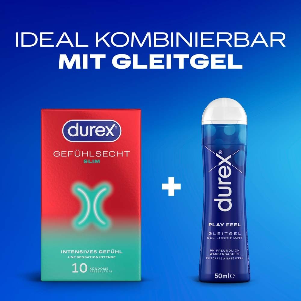 Durex-Packung und Gleitgel. Aufschrift: Gefühlsecht Slim, 10 Kondome. Gleitgel: Play Feel.