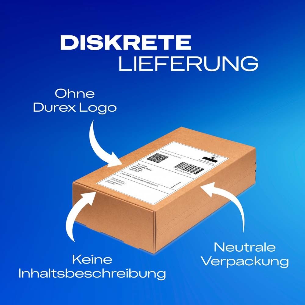 Brauner Karton mit neutraler Verpackung. Aufschrift: Keine Inhaltsbeschreibung. Ohne Durex Logo.