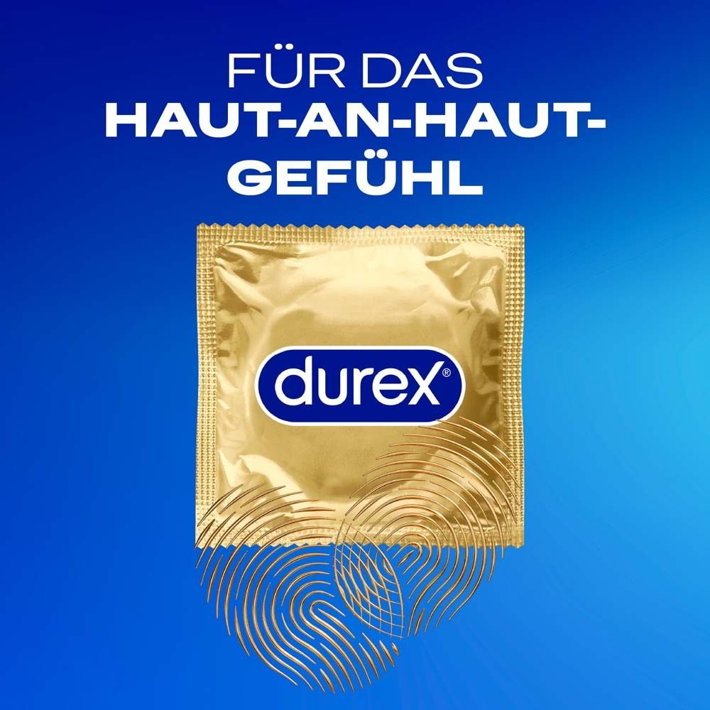 Goldene Einzelverpackung. Aufdruck: durex. Text: FÜR DAS HAUT-AN-HAUT-GEFÜHL. Fingerabdruck-Design.