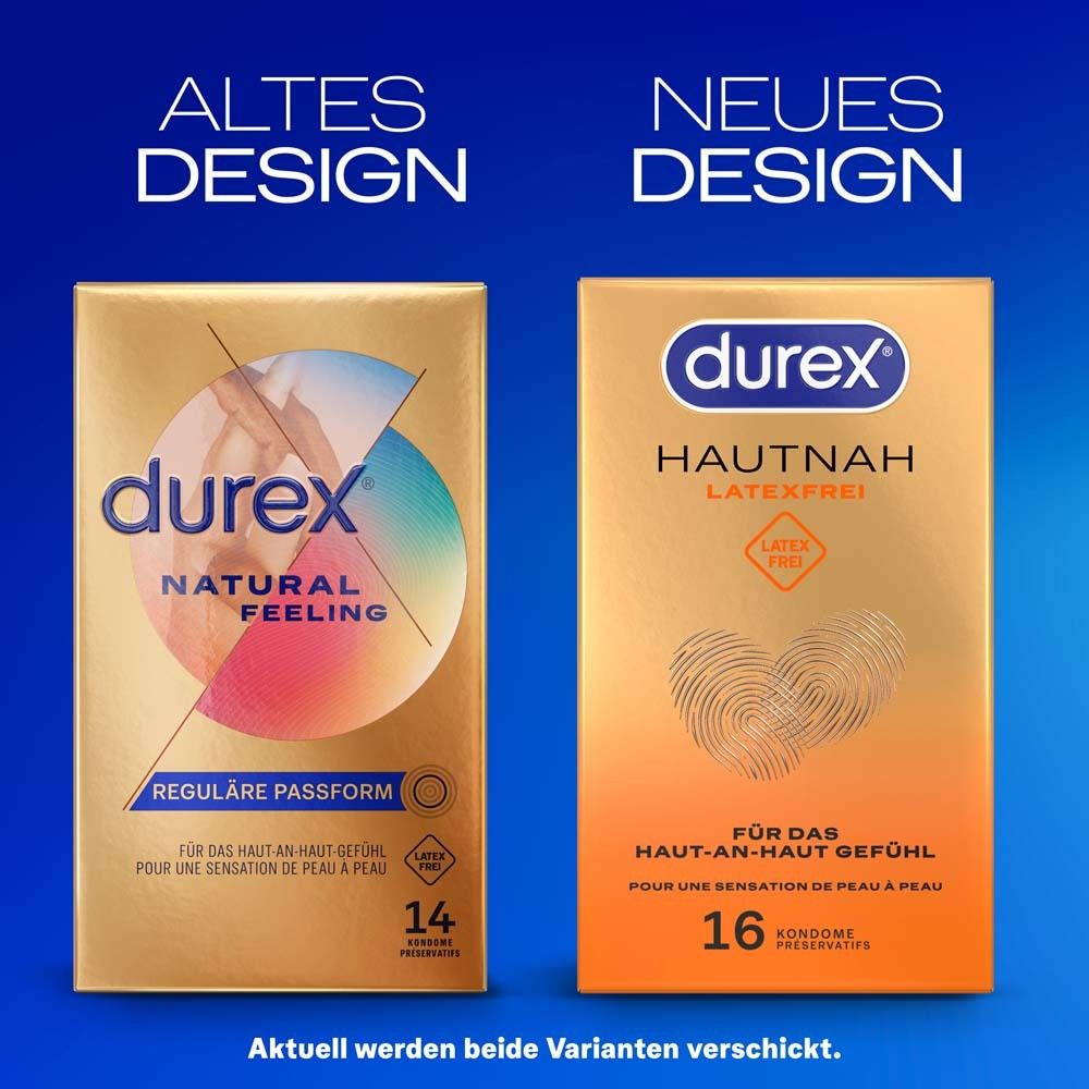Vergleich: Altes und neues Design. Links: durex NATURAL FEELING. Rechts: durex HAUTNAH LATEXFREI. 14 bzw. 16 Kondome.