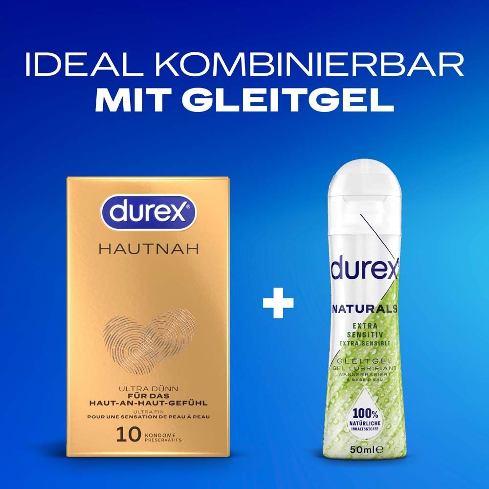 Produkt-Kombination: durex HAUTNAH, 10 Kondome, und Gleitgel. Text: IDEAL KOMBINIERBAR MIT GLEITGEL.