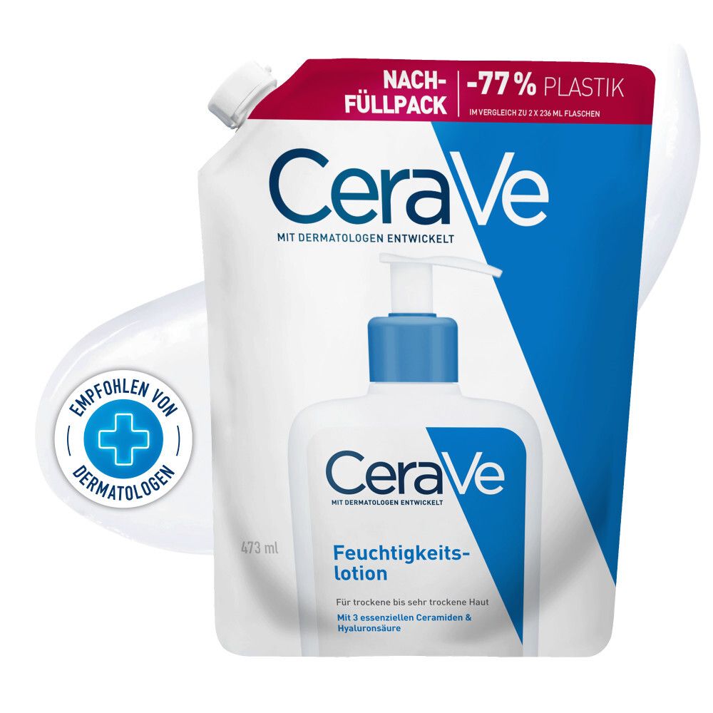 CeraVe Feuchtigkeitslotion Nachfüllpackung. Weiße Verpackung mit blauem und rotem Design. Empfohlen von Dermatologen.