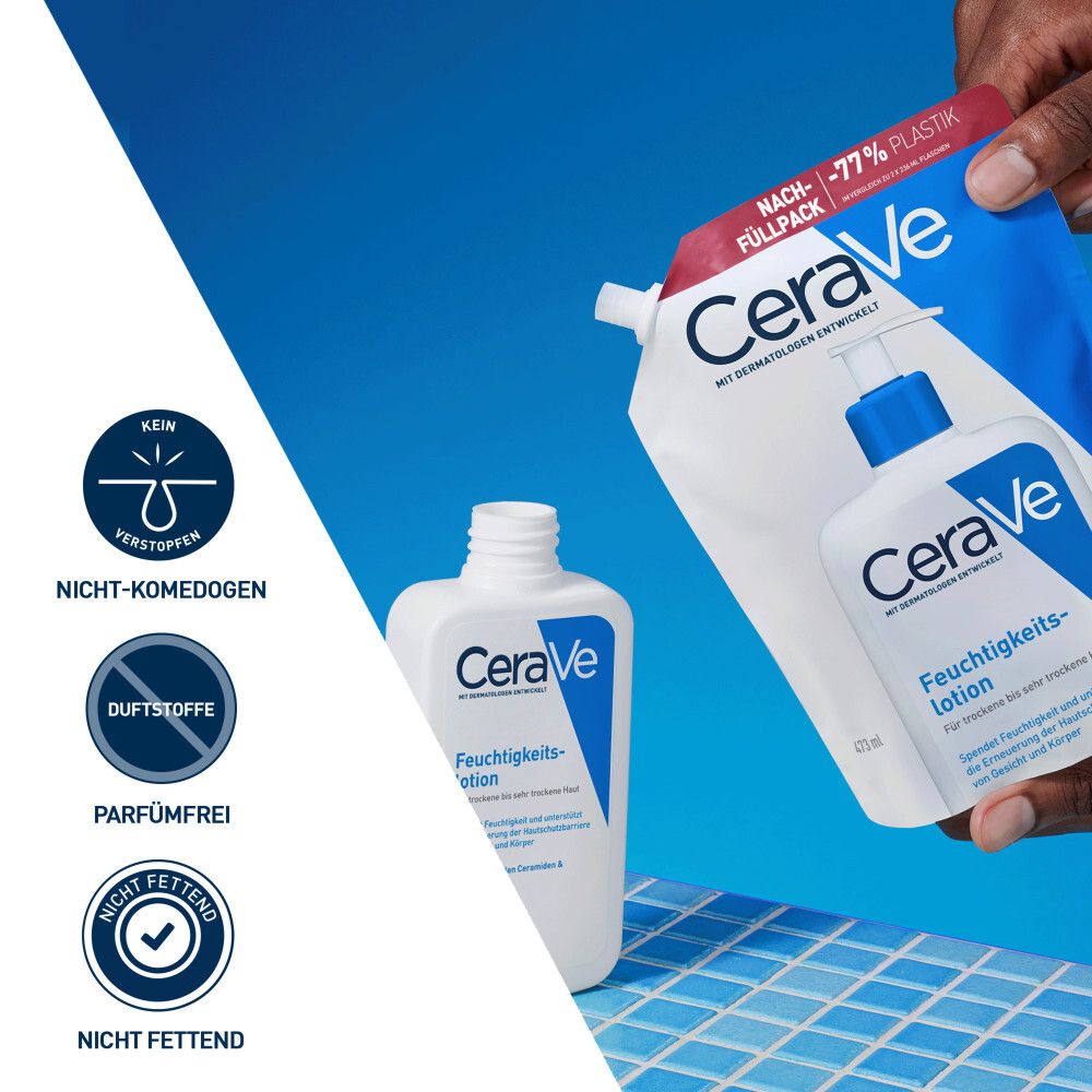 CeraVe Feuchtigkeitslotion und Nachfüllpackung. Nicht komedogen, parfümfrei, nicht fettend. Blaue und weiße Verpackung.