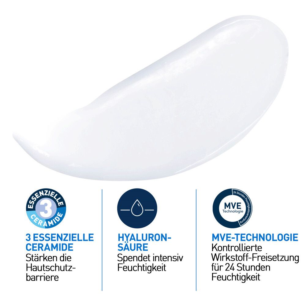 Weißes Produkt. 3 essentielle Ceramide, Hyaluronsäure, MVE-Technologie. Für 24h Feuchtigkeit.