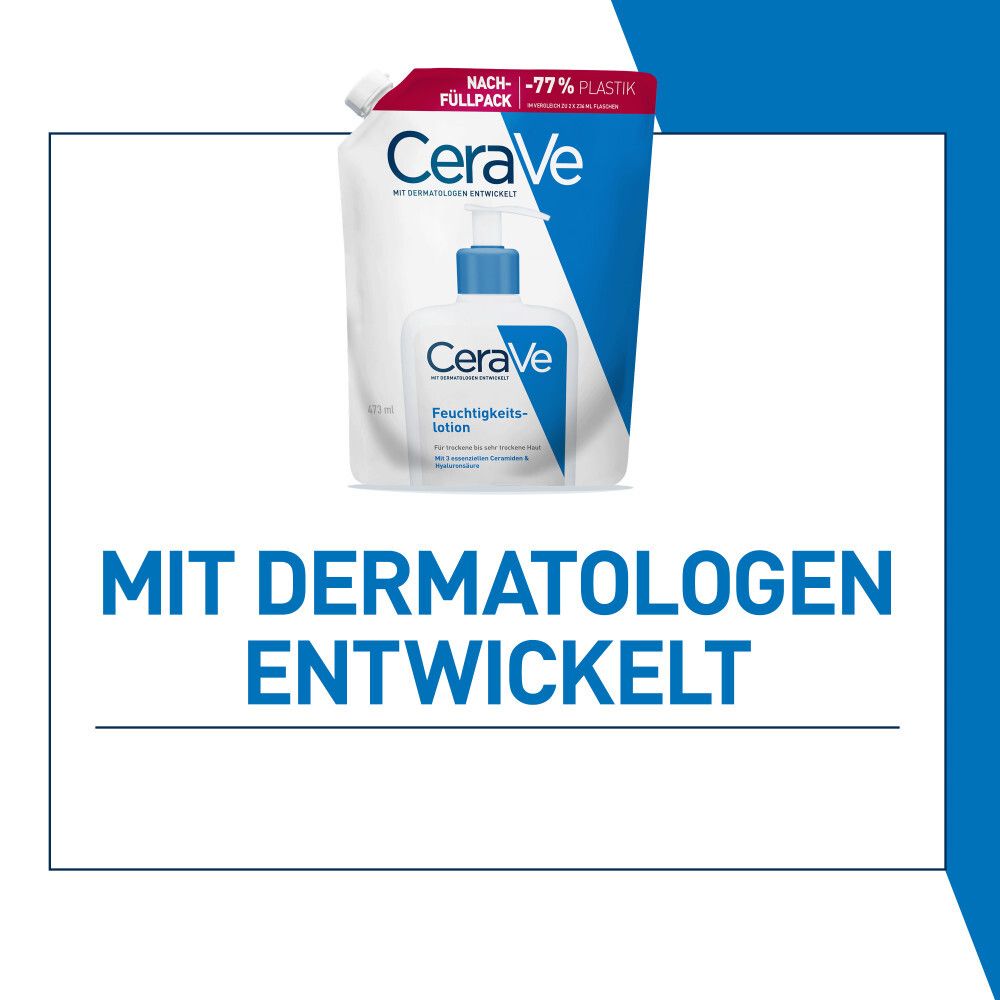 CeraVe Feuchtigkeitslotion und Nachfüllpackung. Mit Dermatologen entwickelt. Blaue und weiße Verpackung.