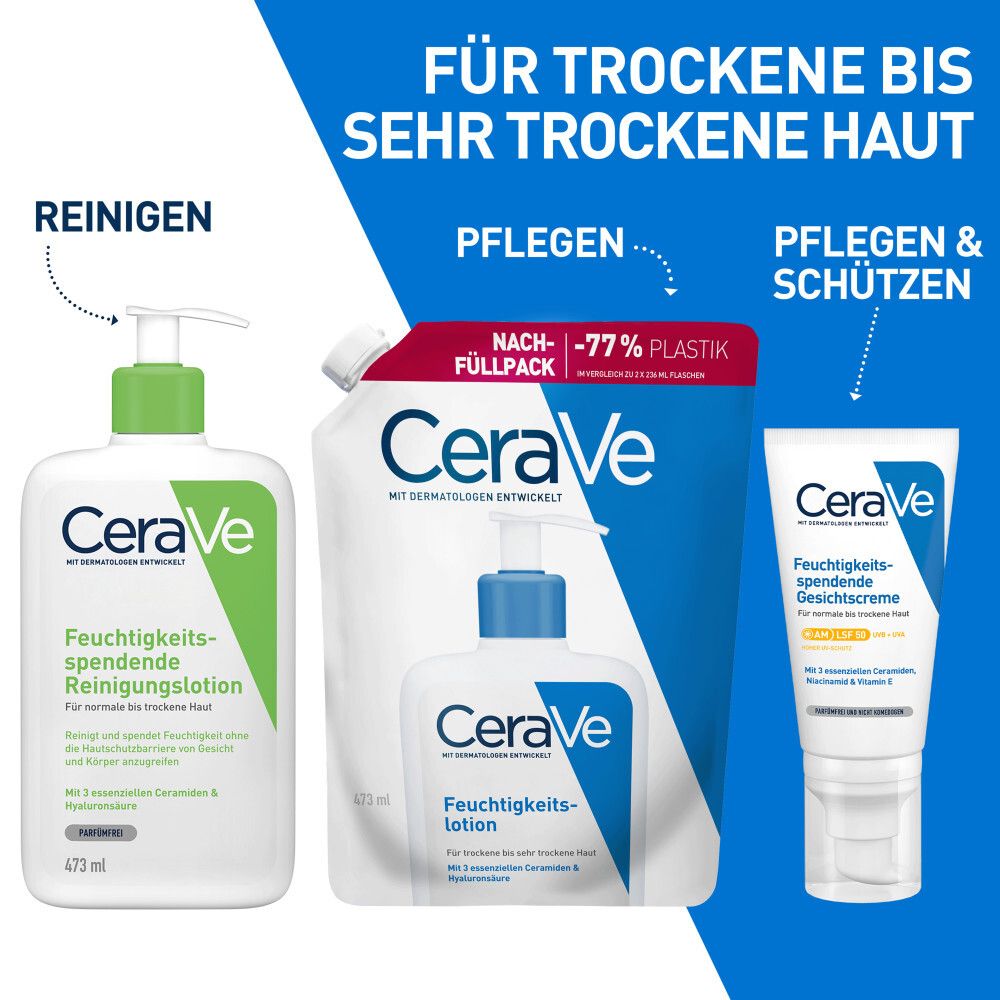 CeraVe Produkte: Reinigungs- und Feuchtigkeitslotion, Gesichtspflege. Für trockene bis sehr trockene Haut.