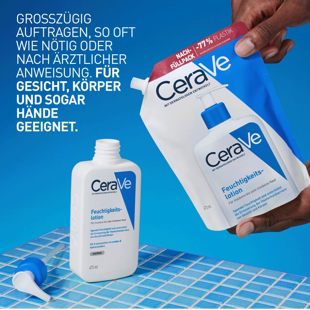 CeraVe Feuchtigkeitslotion und Nachfüllpackung. Für Gesicht, Körper und Hände. Weiße Verpackung.