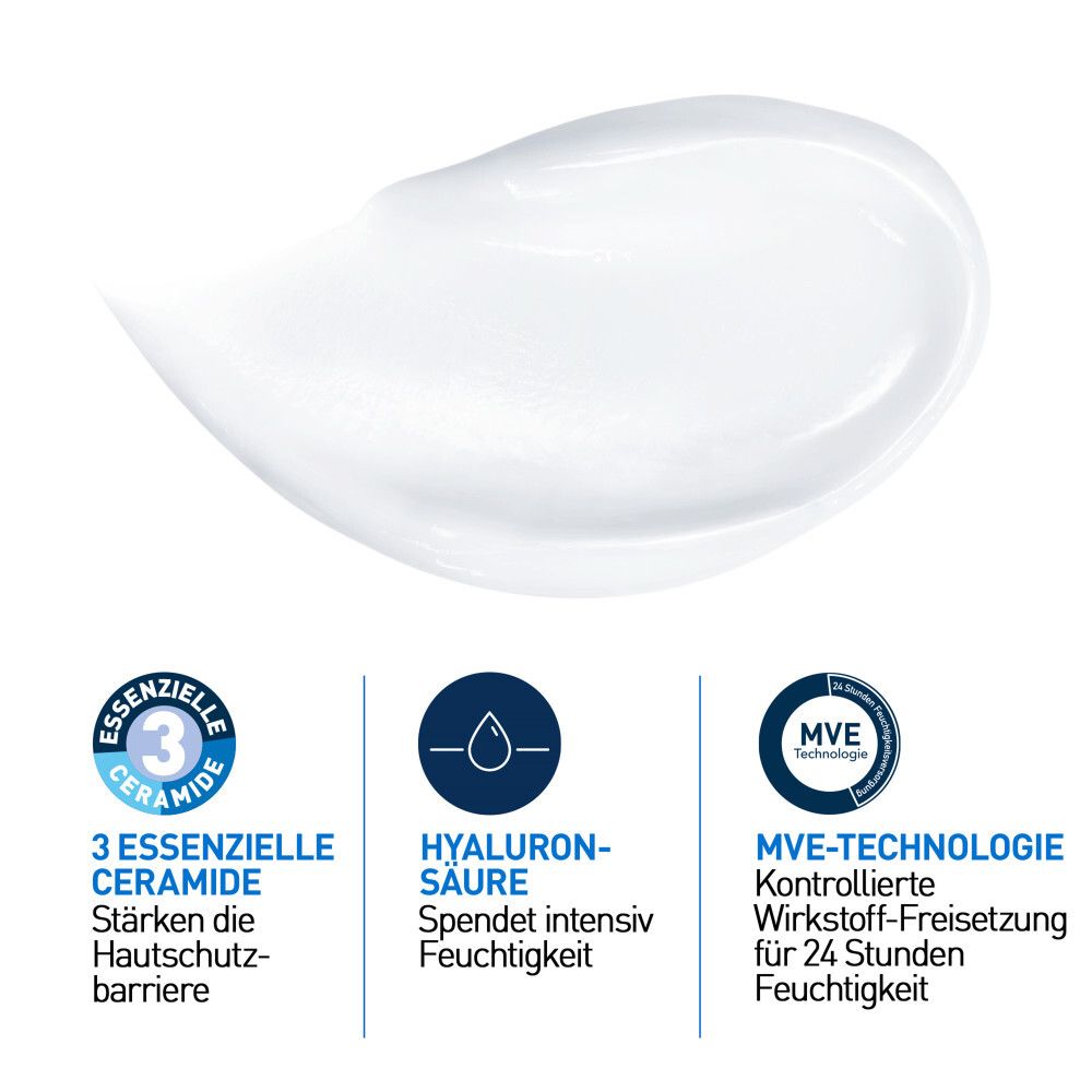 Nahaufnahme von weißer Creme. 3 essentielle Ceramide, Hyaluronsäure, MVE-Technologie für 24h Feuchtigkeit.