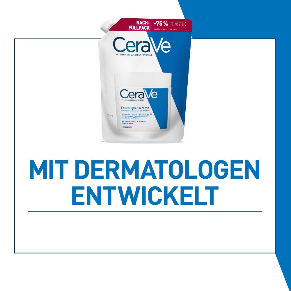 CeraVe Feuchtigkeitscreme Nachfüllpack und Tiegel. Mit Dermatologen entwickelt. Blauer Hintergrund.
