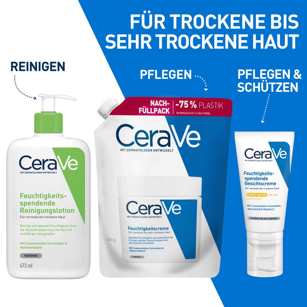 CeraVe Produktreihe: Reinigungs-Lotion, Nachfüllpack Feuchtigkeitscreme, Feuchtigkeitsspendende Gesichtscreme.