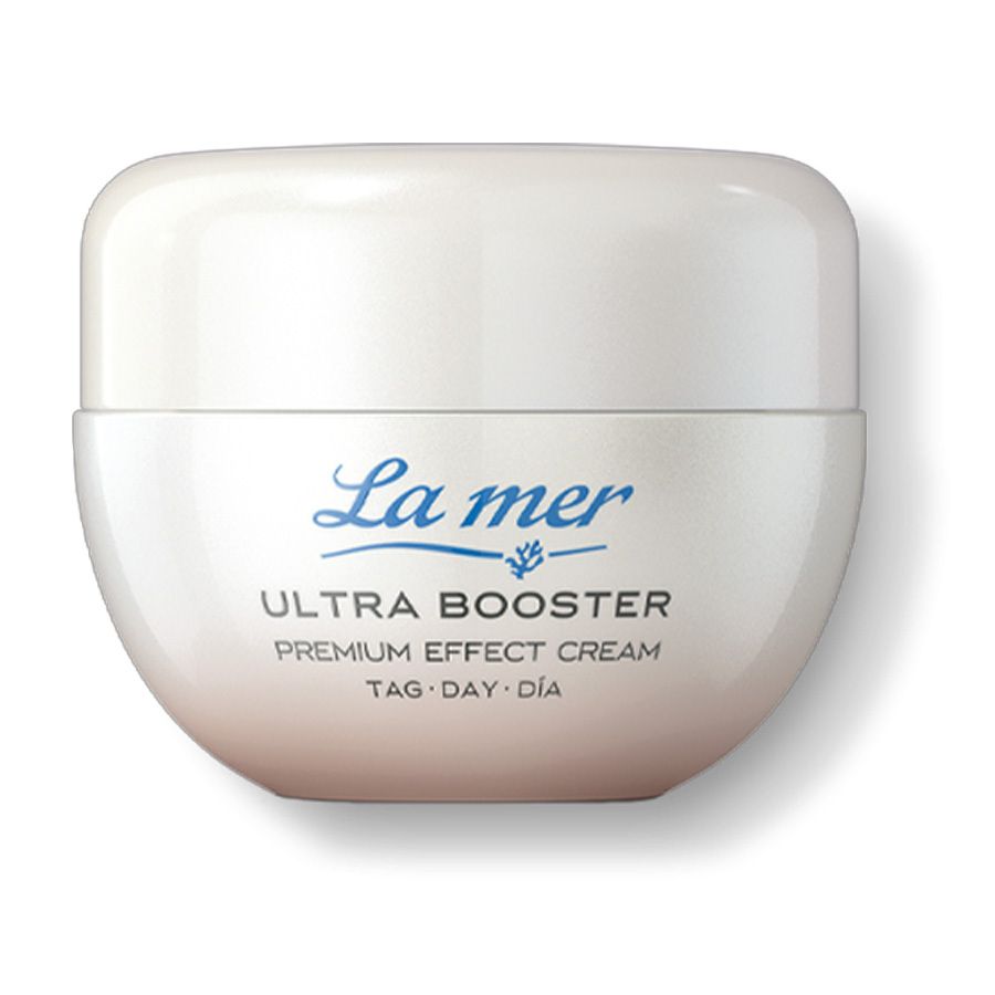 Cremebehälter, weiß, mit blauem Schriftzug La mer, Ultra Booster, Premium Effect Cream. Tag, Day, Día.