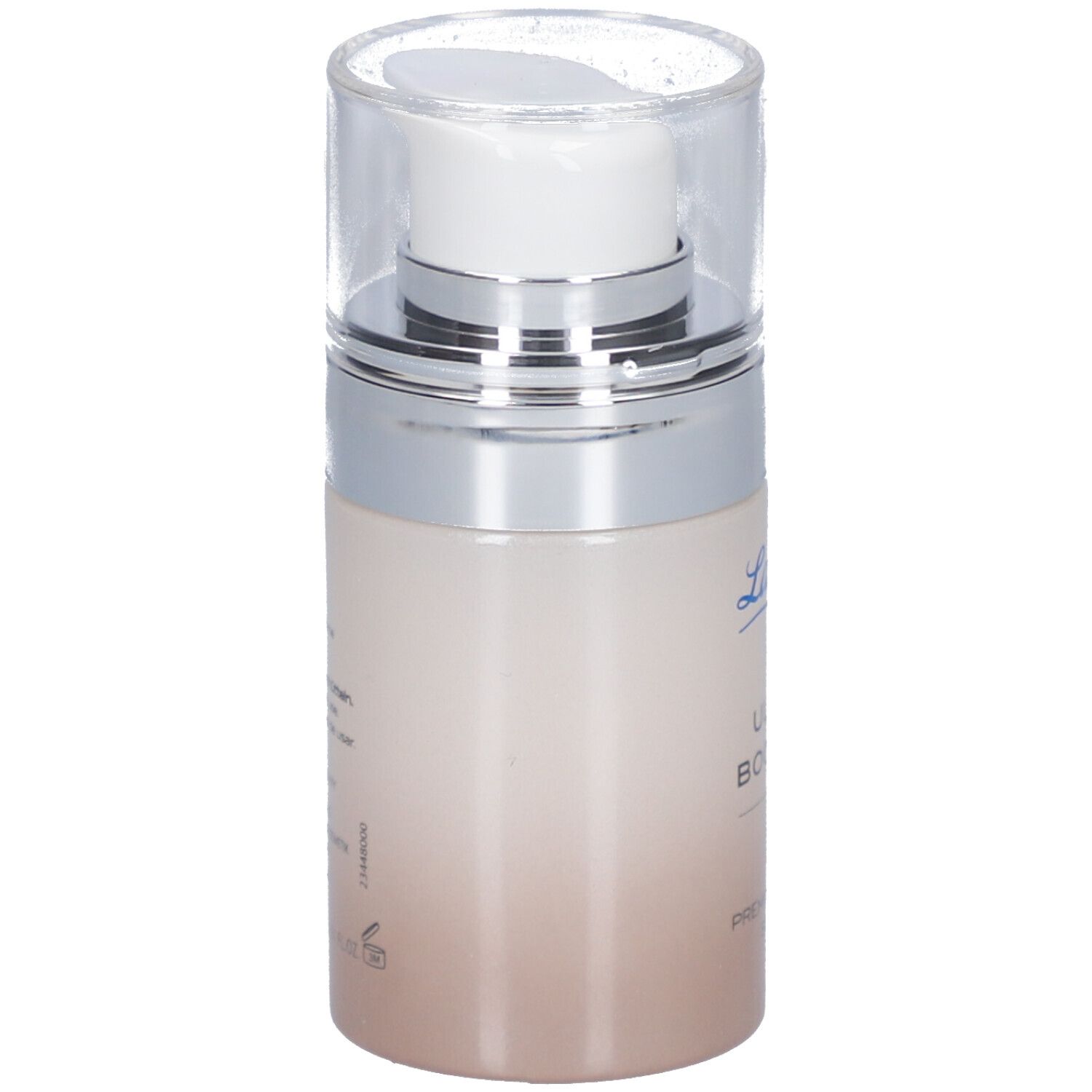 Serumflasche, Rückansicht. La mer-Logo. Text: ULTRA BOOSTER, PREMIUM EFFECT SERUM. Farbverlauf von hellbraun zu weiß.
