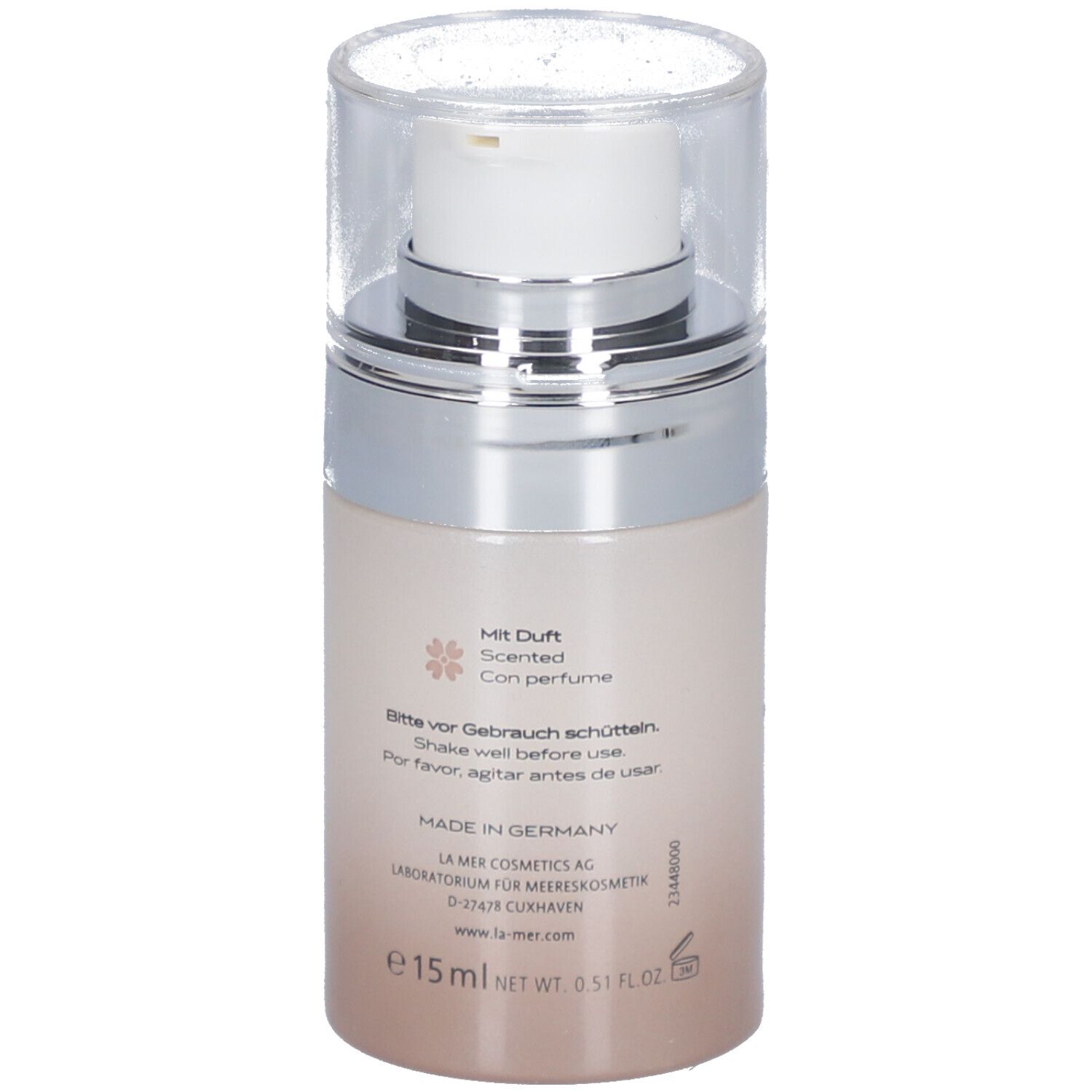 Serumflasche. Text: Mit Duft, Scented, Con perfume. Text: Bitte vor Gebrauch schütteln. Herstellerinformationen. 15ml.