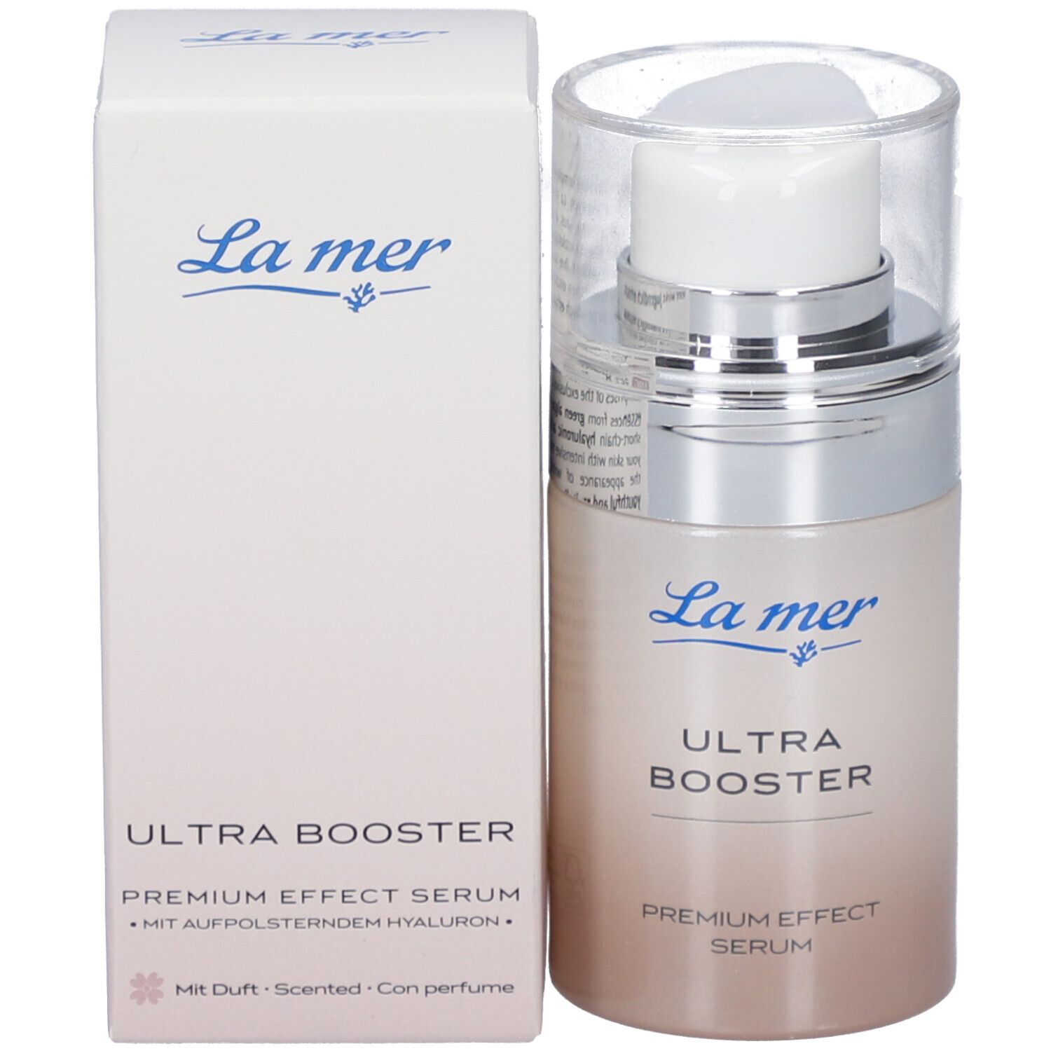 Serumflasche und Verpackung. La mer-Logo. Text: ULTRA BOOSTER, PREMIUM EFFECT SERUM. Text: Mit Duft.