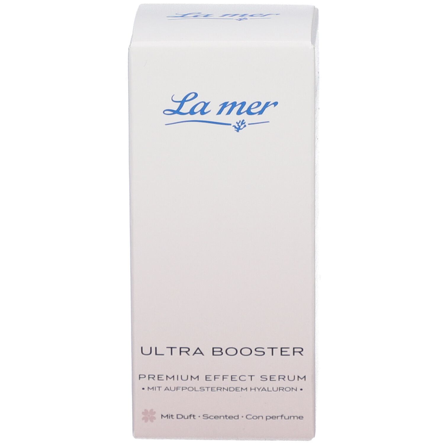 Produktverpackung. La mer-Logo. Text: ULTRA BOOSTER, PREMIUM EFFECT SERUM. Text: Mit Duft.